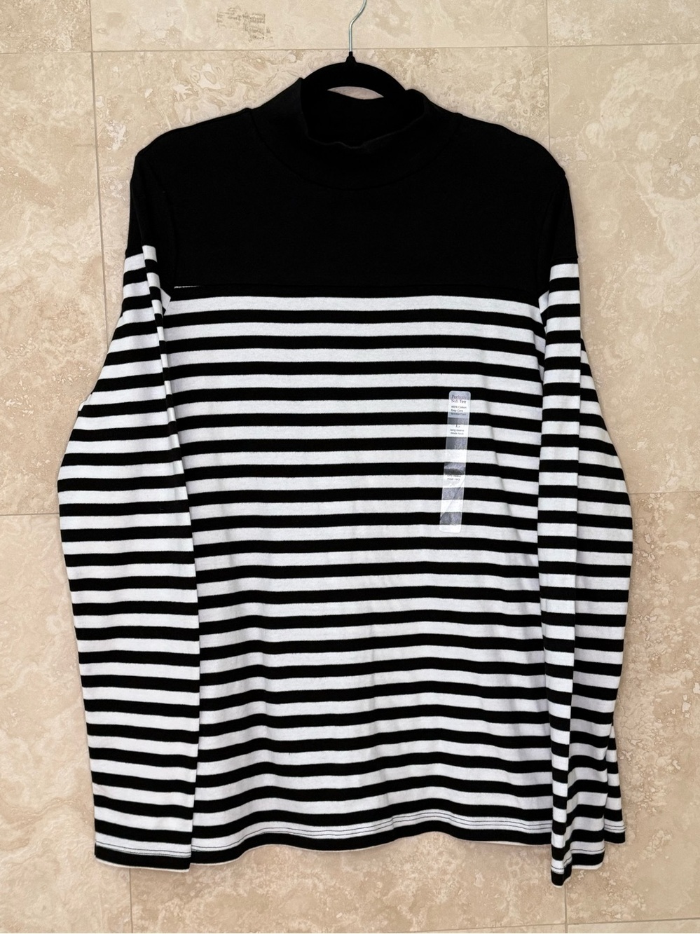 Kim Rogers Black White Stripe Long Sleeve Colorblock Top Size L NWT